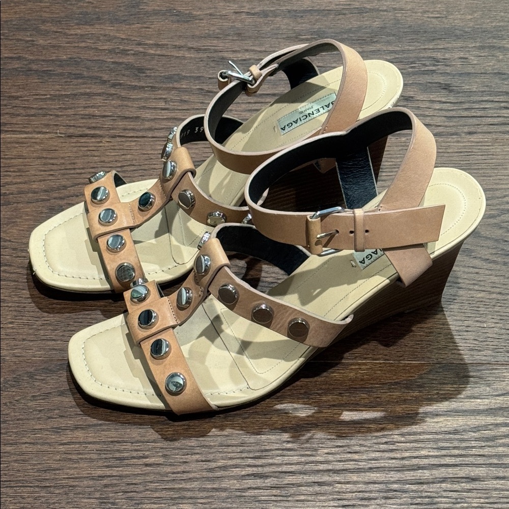 Balenciaga Tan Sandals with Silver Details Wedges Size 39.5